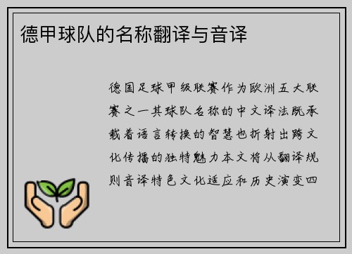 德甲球队的名称翻译与音译
