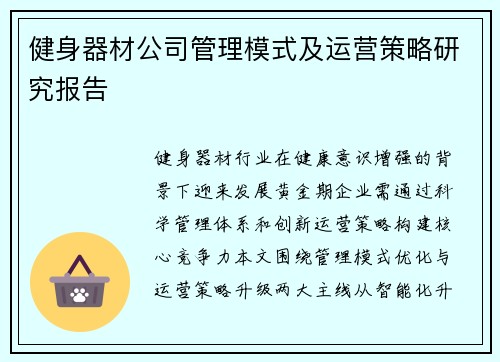 健身器材公司管理模式及运营策略研究报告