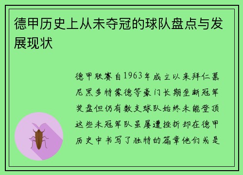 德甲历史上从未夺冠的球队盘点与发展现状